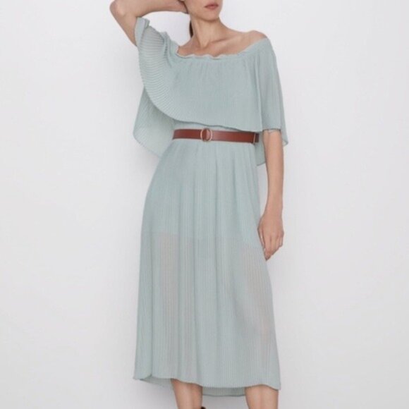 NWT Zara Off the Shoulder Belted Pleated Midi Dress in Mint Green - Picture 2 of 10